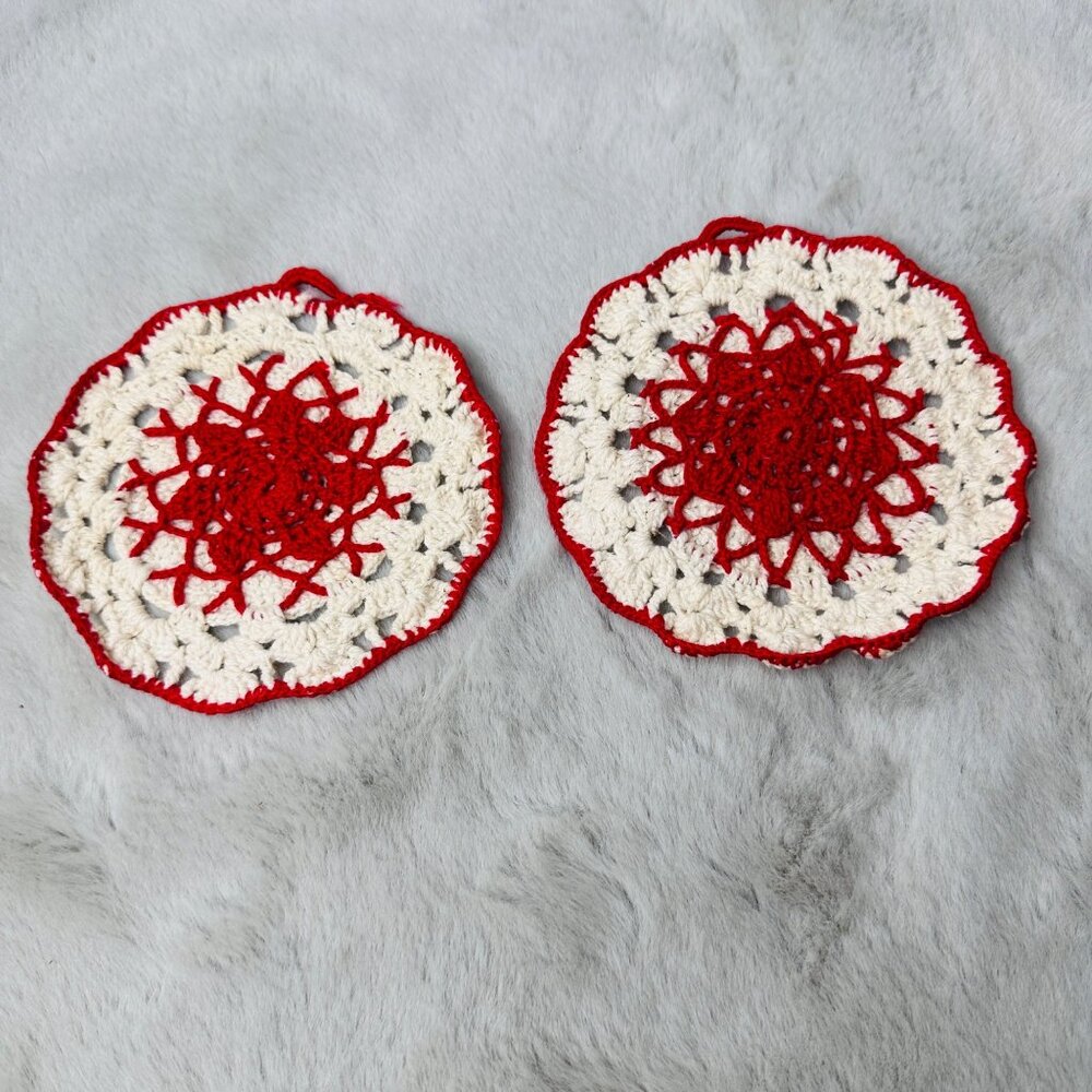 Vintage‎ Crochet Doilies Coaster Holiday Festive Cotton Handmade Red 5Inch